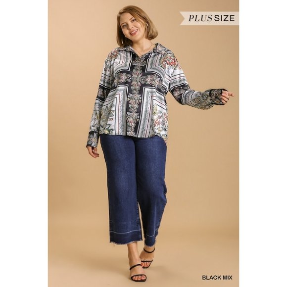 Umgee Plus Black Mix Satin Print High Low Scoop Hem Long Sleeve No Lining Top - Picture 2 of 5